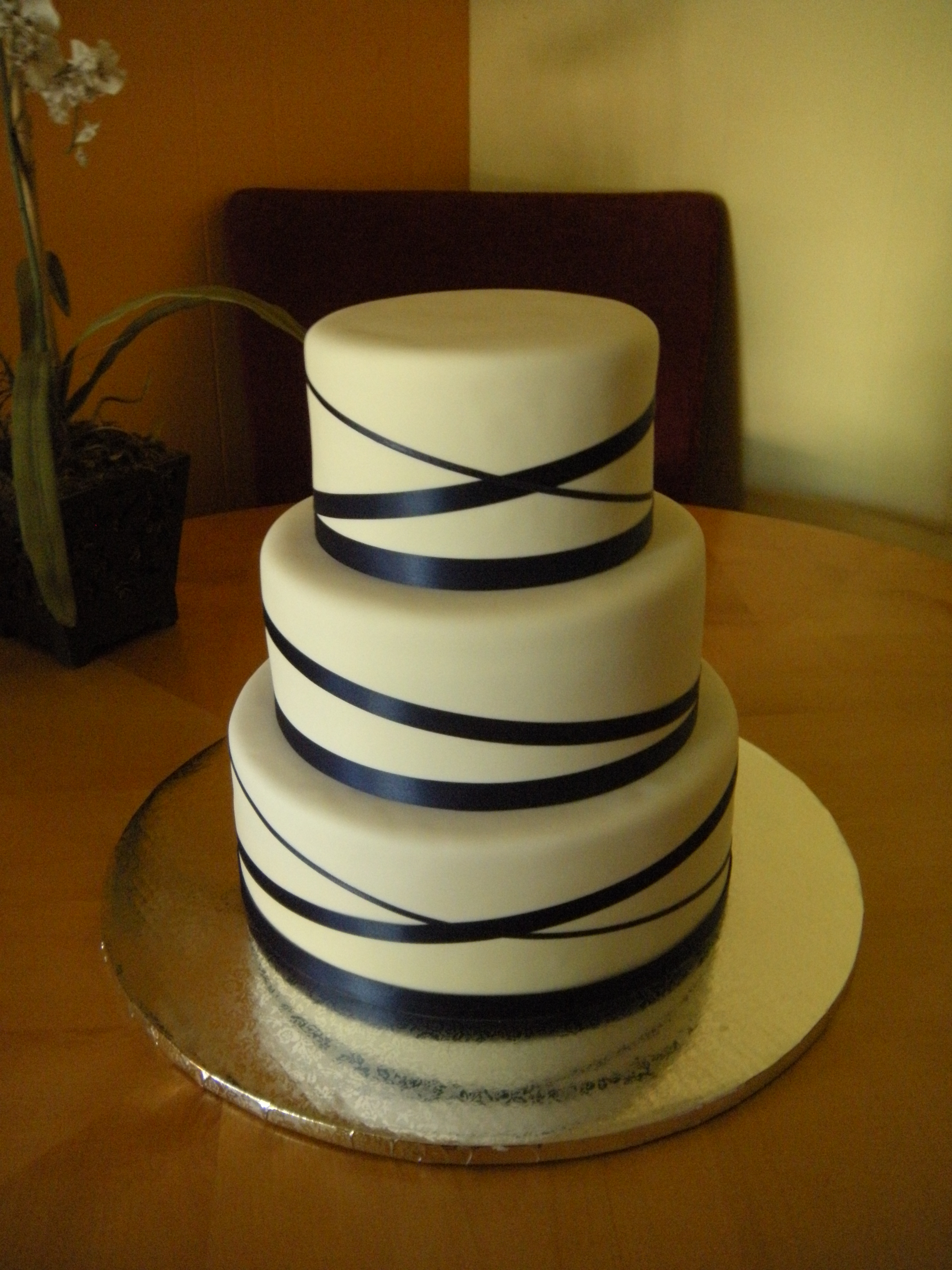 White Fondant with Blue Ribbon  Wedding  Cake  Main Made 